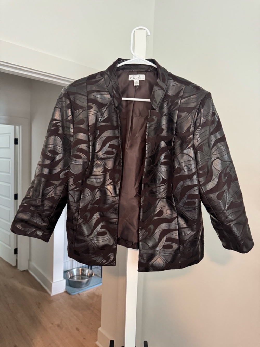 Kim Rogers Brown Metallic Patterned Open-Front Blazer